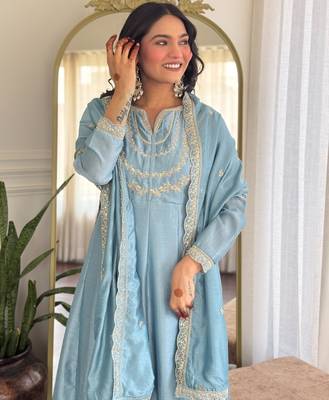Blue embroidered vichitra silk sequins work ethnic-kurtis 3