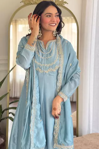 Blue embroidered vichitra silk sequins work ethnic-kurtis