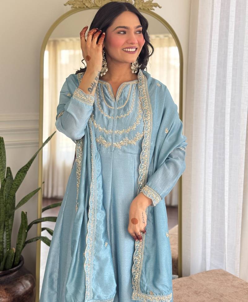 Blue embroidered vichitra silk sequins work ethnic-kurtis