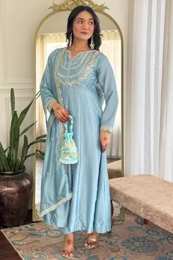 Blue embroidered vichitra silk sequins work ethnic-kurtis