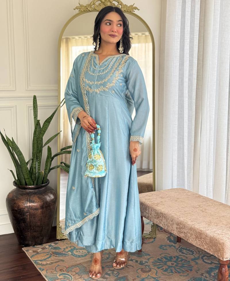 Blue embroidered vichitra silk sequins work ethnic-kurtis