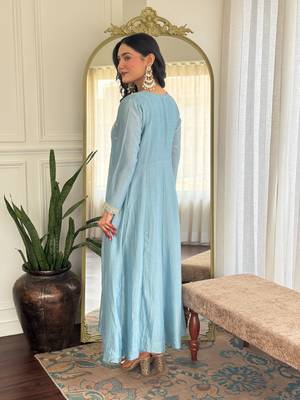Blue embroidered vichitra silk sequins work ethnic-kurtis 5