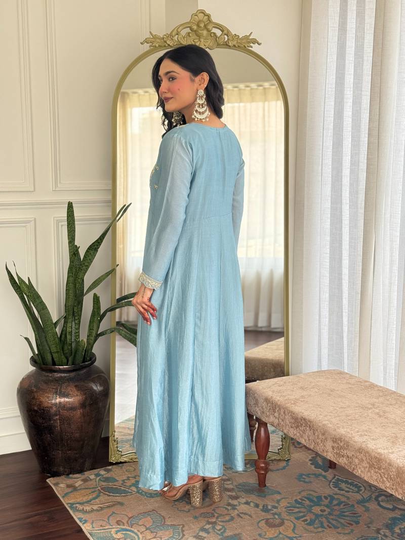 Blue embroidered vichitra silk sequins work ethnic-kurtis