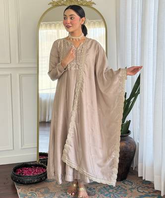 Brown embroidered vichitra silk sequins work ethnic-kurtis 1