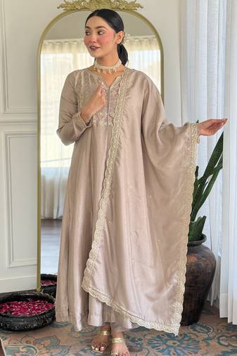 Brown embroidered vichitra silk sequins work ethnic-kurtis