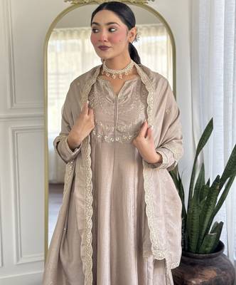 Brown embroidered vichitra silk sequins work ethnic-kurtis 2