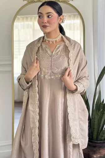 Brown embroidered vichitra silk sequins work ethnic-kurtis