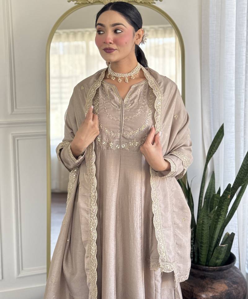 Brown embroidered vichitra silk sequins work ethnic-kurtis