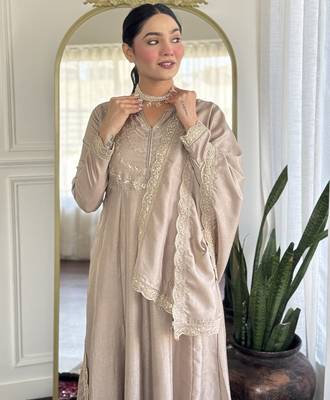 Brown embroidered vichitra silk sequins work ethnic-kurtis 3