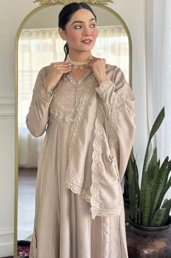 Brown embroidered vichitra silk sequins work ethnic-kurtis