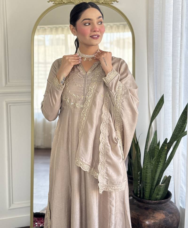 Brown embroidered vichitra silk sequins work ethnic-kurtis