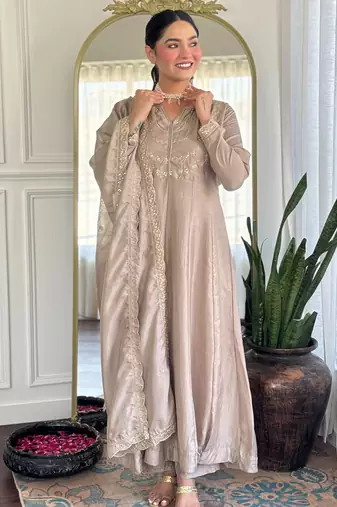 Brown embroidered vichitra silk sequins work ethnic-kurtis
