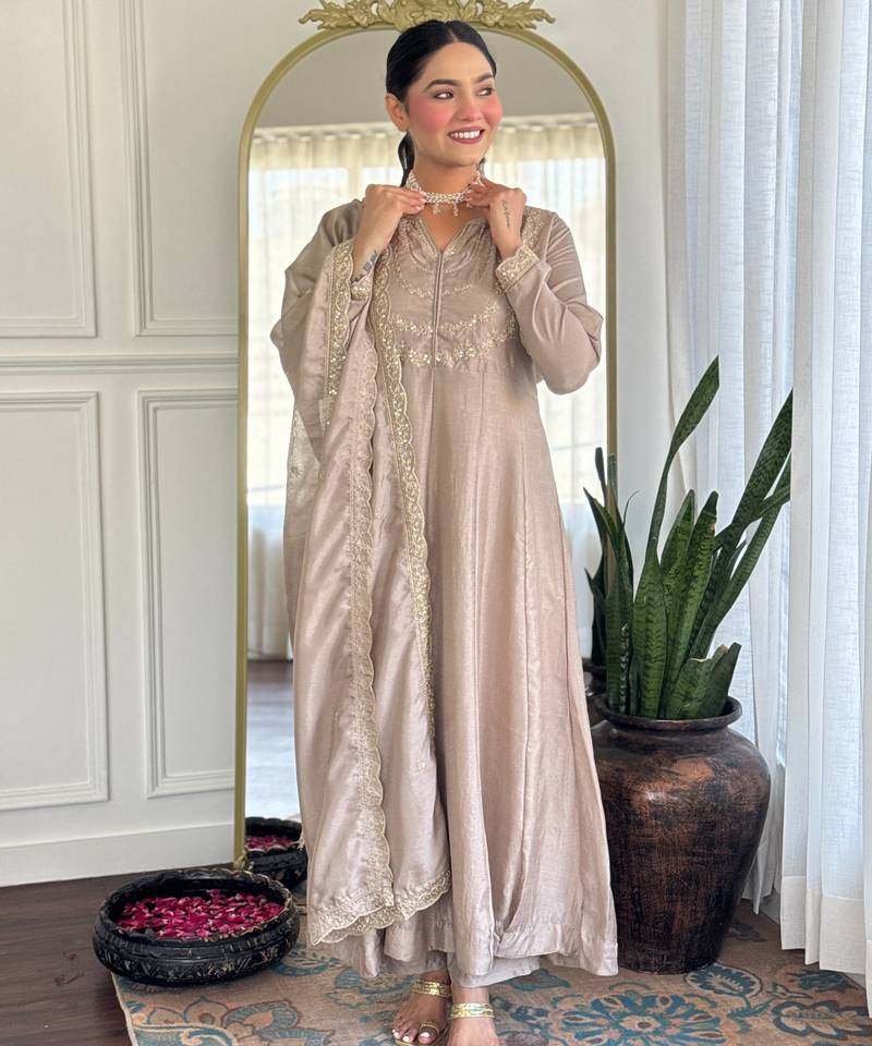 Brown embroidered vichitra silk sequins work ethnic-kurtis