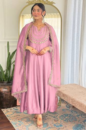 Baby-pink embroidered vichitra silk sequins work ethnic-kurtis