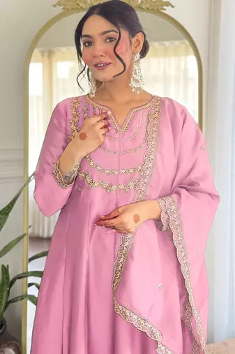 Baby-pink embroidered vichitra silk sequins work ethnic-kurtis