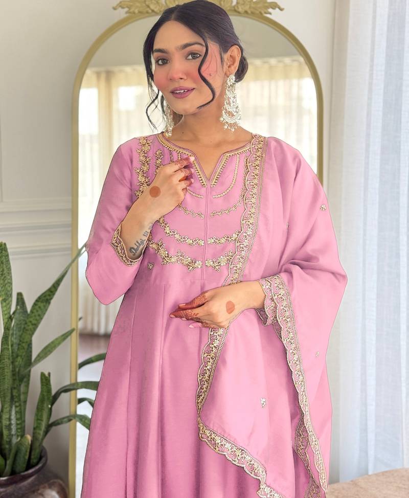 Baby-pink embroidered vichitra silk sequins work ethnic-kurtis