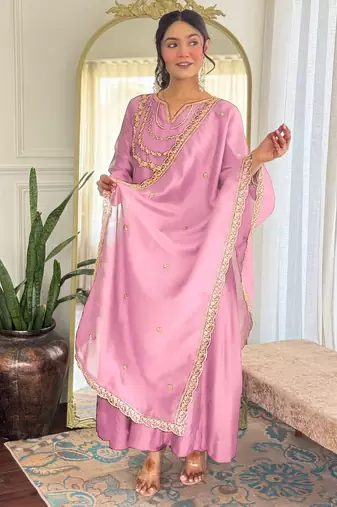 Baby-pink embroidered vichitra silk sequins work ethnic-kurtis