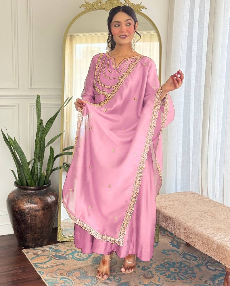 Baby-pink embroidered vichitra silk sequins work ethnic-kurtis