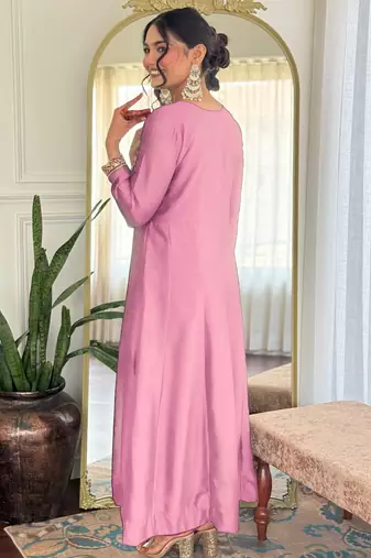 Baby-pink embroidered vichitra silk sequins work ethnic-kurtis
