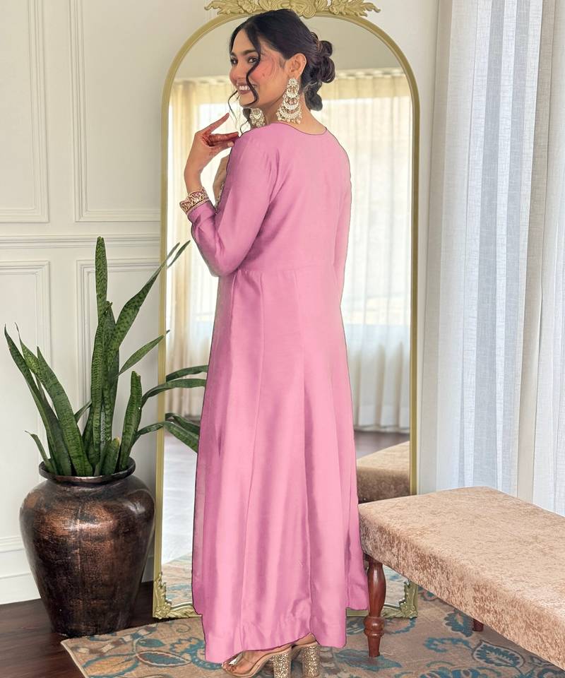 Baby-pink embroidered vichitra silk sequins work ethnic-kurtis