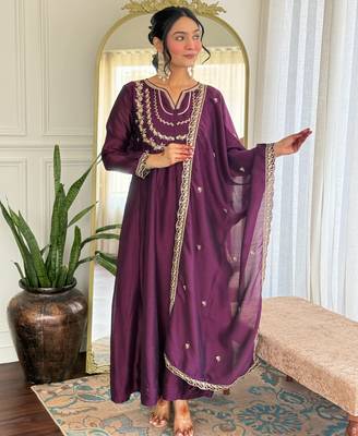 Dark-wine embroidered vichitra silk sequins work ethnic-kurtis 1