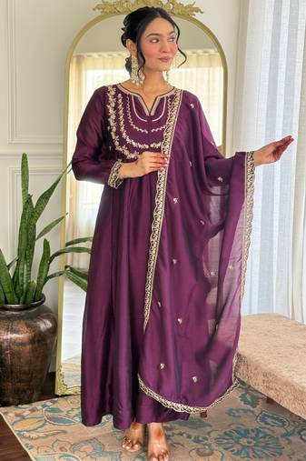 Dark-wine embroidered vichitra silk sequins work ethnic-kurtis