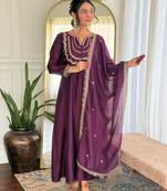 Dark-wine embroidered vichitra silk sequins work ethnic-kurtis