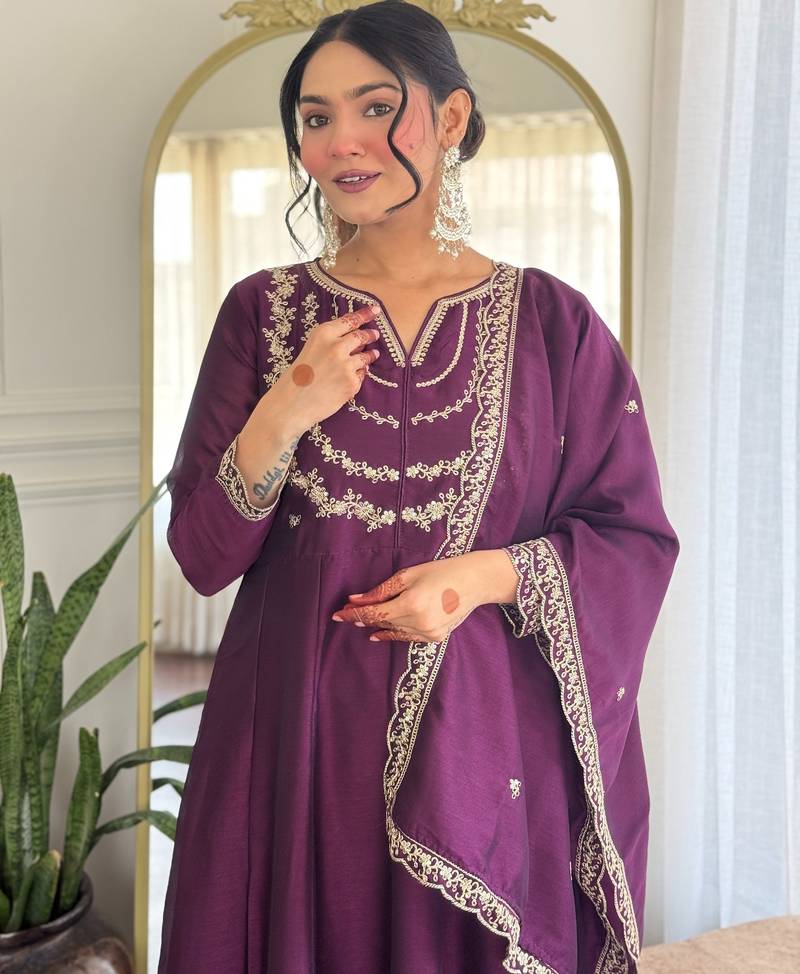 Dark-wine embroidered vichitra silk sequins work ethnic-kurtis