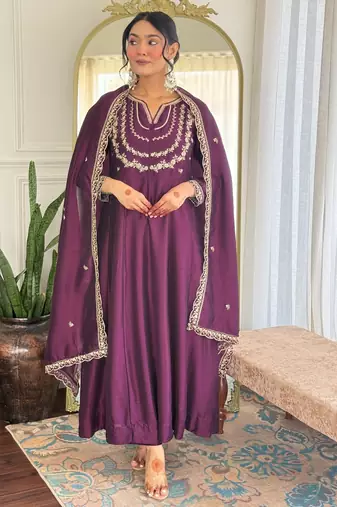 Dark-wine embroidered vichitra silk sequins work ethnic-kurtis