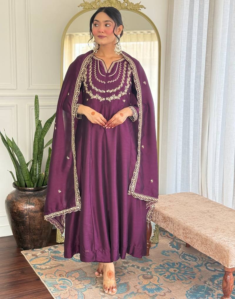 Dark-wine embroidered vichitra silk sequins work ethnic-kurtis