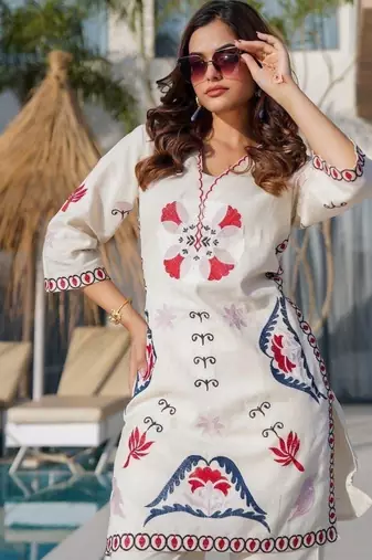 Floral embroidered white pure cotton  co-ord set