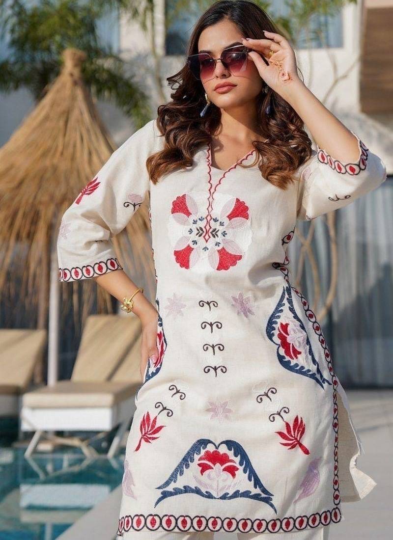 Floral embroidered white pure cotton  co-ord set