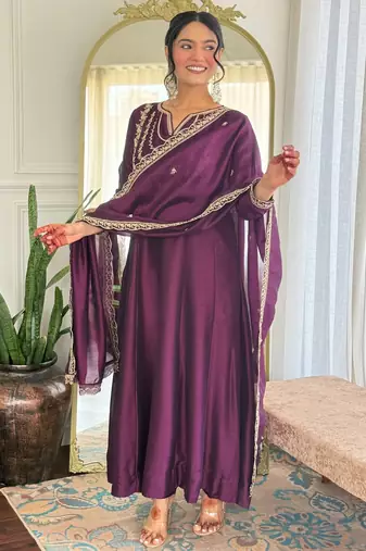 Dark-wine embroidered vichitra silk sequins work ethnic-kurtis