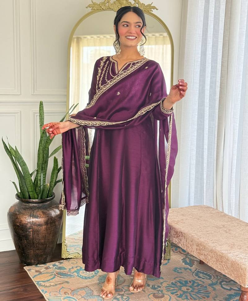 Dark-wine embroidered vichitra silk sequins work ethnic-kurtis