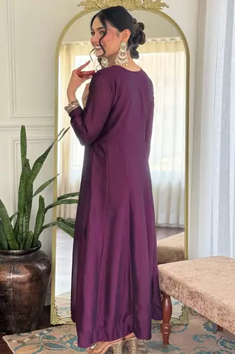 Dark-wine embroidered vichitra silk sequins work ethnic-kurtis