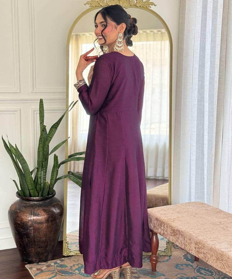 Dark-wine embroidered vichitra silk sequins work ethnic-kurtis