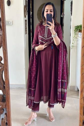 Floral embroidered wine pure cotton  kurta trouser and dupatta set