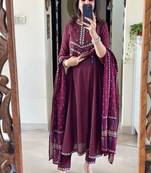 Floral embroidered wine pure cotton  kurta trouser and dupatta set