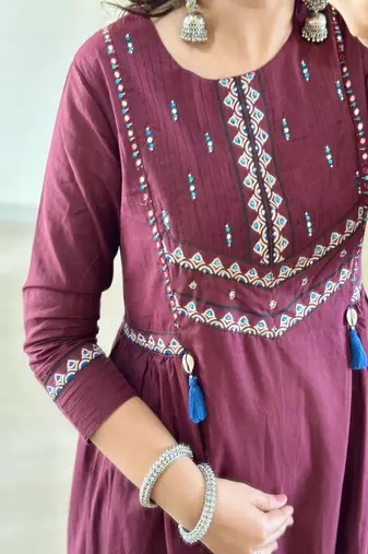 Floral embroidered wine  cotton  kurta trouser and dupatta set