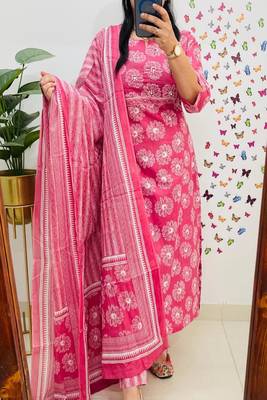 Floral embroidered pink  cotton  kurta trouser and dupatta set 1