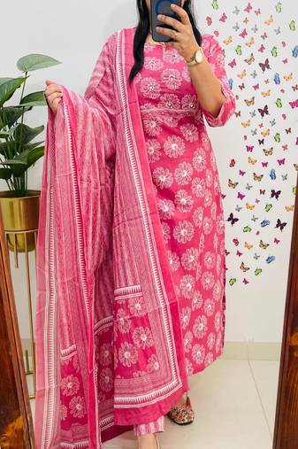 Floral embroidered pink pure cotton  kurta trouser and dupatta set