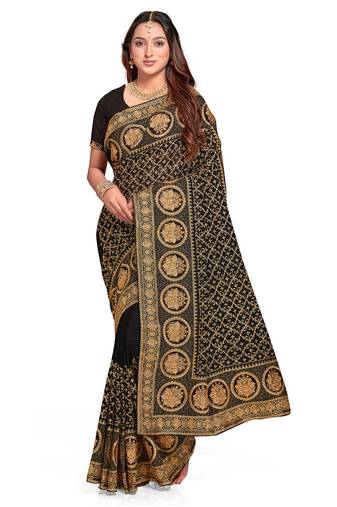black sequin embroidered work vichitra silk blend saree for women
