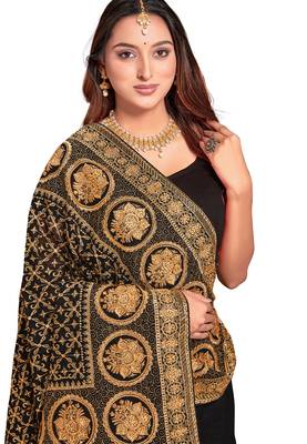 black sequin embroidered work vichitra silk blend saree for women 2
