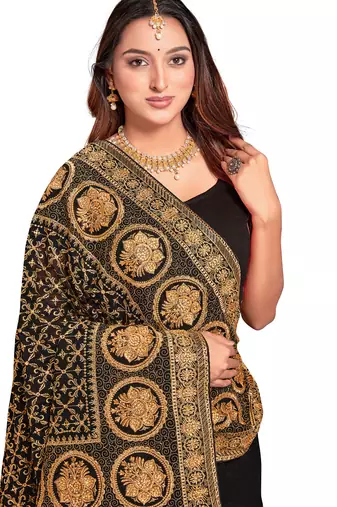 black sequin embroidered work vichitra silk blend saree for women