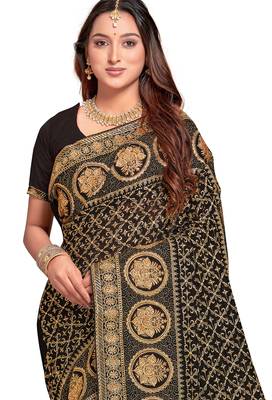 black sequin embroidered work vichitra silk blend saree for women 3