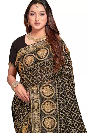 black sequin embroidered work vichitra silk blend saree for women