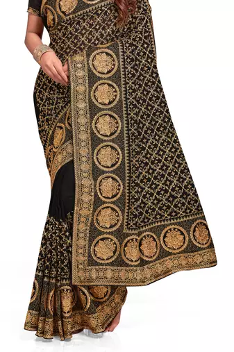 black sequin embroidered work vichitra silk blend saree for women