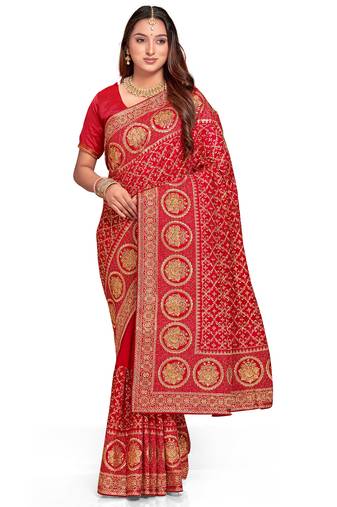 red sequin embroidered work vichitra silk blend saree for women