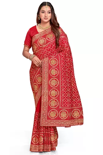 red sequin embroidered work vichitra silk blend saree for women