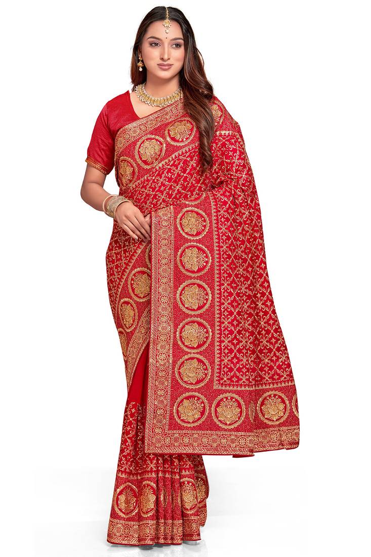 red sequin embroidered work vichitra silk blend saree for women